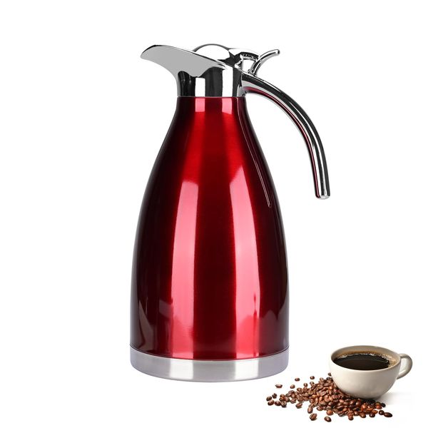 2 Litre Thermal Coffee Carafe Jugs, Vacuum Jug Stainless Steel Double-Wall Vacuum Insulated Coffee Pot Coffee Plunger, Juice/Milk/Tea Insulation Pot, incl 1 Cleaning Brush (red)