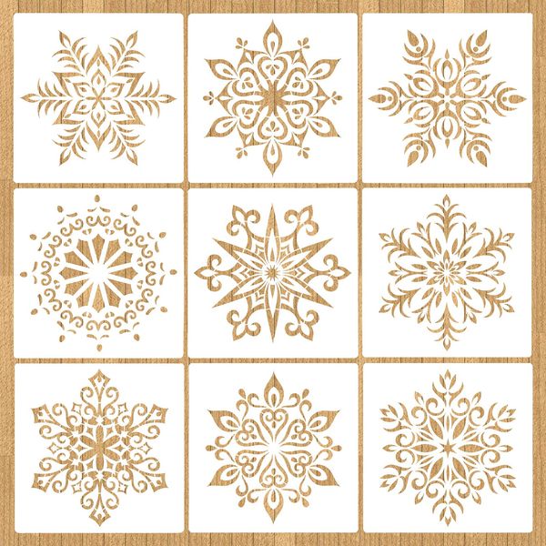 VETPW 9Pcs Mandala Schablonen Stencils Set, Wiederverwendbares Schneeflocken Blumen Design Malerei Vorlage Zubehör, DIY Schablone zum Malen an der Wand Scrapbooking Home Dekoration, 20x20CM