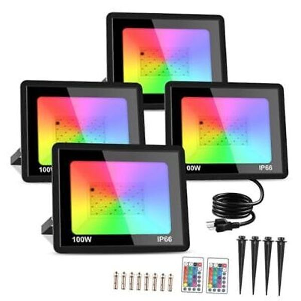 100W RGB LED Flood Lights, 12000LM Color Changing Smart Floodlight with 4 Pack