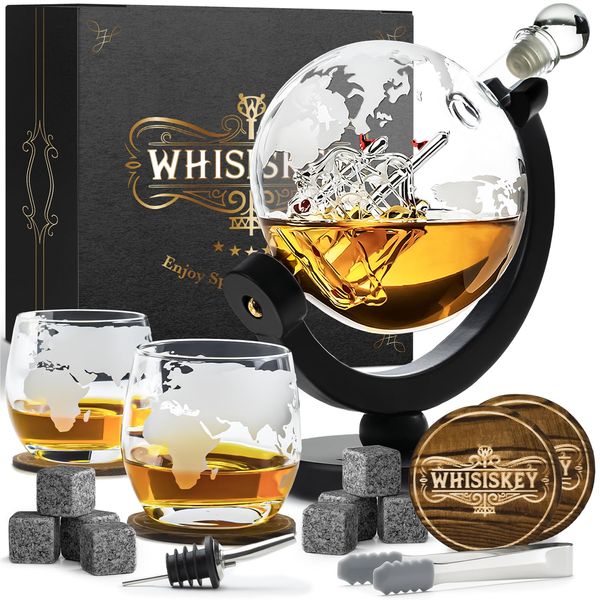Whisiskey – Whiskey Decanter – Globe - 900 ml – Whiskey Carafe Set - Gifts for Men – Inc. 4 Whiskey Stones – Spout – Glass Stopper and Pliers