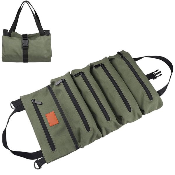 Roll Up Tool Bag, 16A Canvas Roll Up Pouch with 5 Zipper Pockets, Multi-Purpose Tool Pouch Roll(Green)