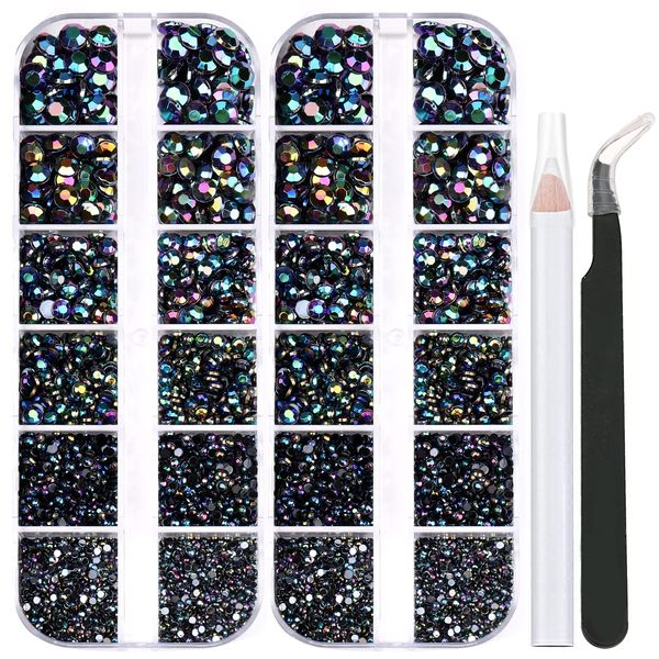 5320 Pieces Flat Back Gems Round Crystal Rhinestones 6 Sizes (1.5-6 mm) with Pick Up Tweezer and Rhinestones Picking Pen for Crafts Nail Face Art Clothes Shoes Bags DIY (BlackAB)