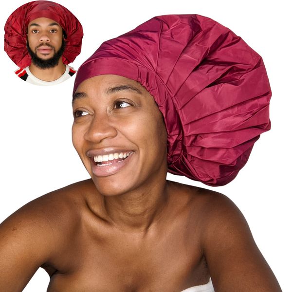 TTAT Shower Cap Jumbo Size for Men & Women With Afro, Long Dreadlocks, Locs, Box Braids, Coily, Voluminous & Long Hair, Waterproof, Washable, Reusable & Adjustable (Maroon)