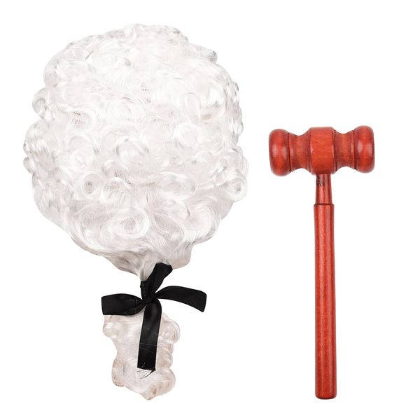 MFUOE 2 Pieces Judge Costume Accessories Judge Court Lawyer Wig Judge Wooden Gavel Role Play Toys for Halloween Makeup Theme Party