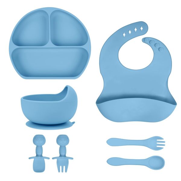 Vicloon Silicone Baby Feeding Set, 7 Pcs Baby Weaning Set, Suction Bowl, Bib, Spoon and Fork, Divided Plate, BPA Free Silicone Feeding Set, Toddlers and Kids Plate Bowl Set, Gift for Kids (Blue)