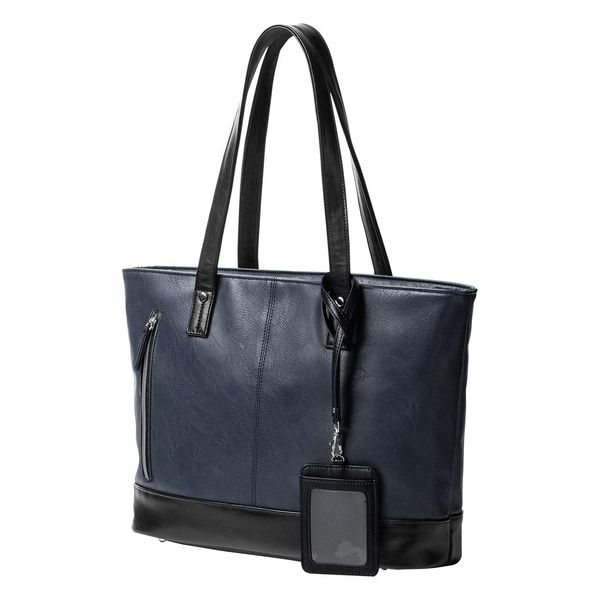 Sanwa Direct Tote Bag, 9 Pockets, A4/13.3” PC Storage, Plastic Bottle Holder and Pass Case Included, navy/black