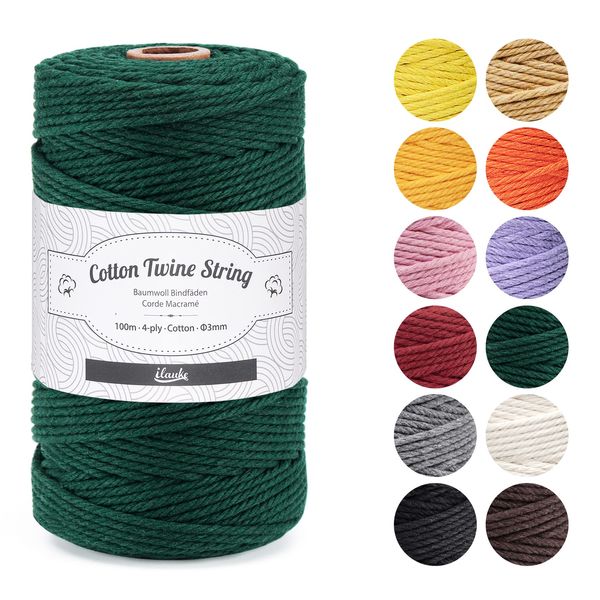 ilauke Macrame Cord 3mm x 100m, Natural Macrame Cotton Cord DIY Craft Cord Cotton Rope for Wall Hanging, Plant Hangers, Crafts, Knitting, Decorative Projects (Green)