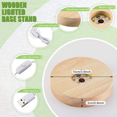 Honoson 8 Pcs Wooden LED Display Base Lighted Base for Crystal Art Wood Display Lighted Base for Glass Art LED Lighted Base for Display 3D Crystal Glass Warm Light (Round Surface Style)