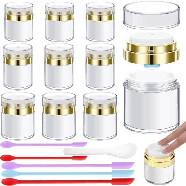 Honeydak 9 Pcs Airless Pump Jars 0.5 Oz, 1 1.7 Oz Empty Cosmetic Container with Silicone Spatula Set