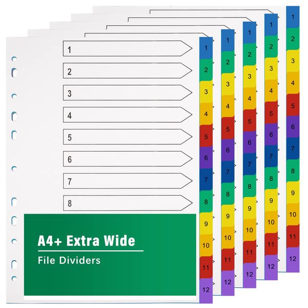 A4 File Dividers 12 Part Extra Wide Coloured Tabs【5 Pack】Folder Dividers Coloured Mylar for Lever Arch Files Multipurpose Porous Index Dividers