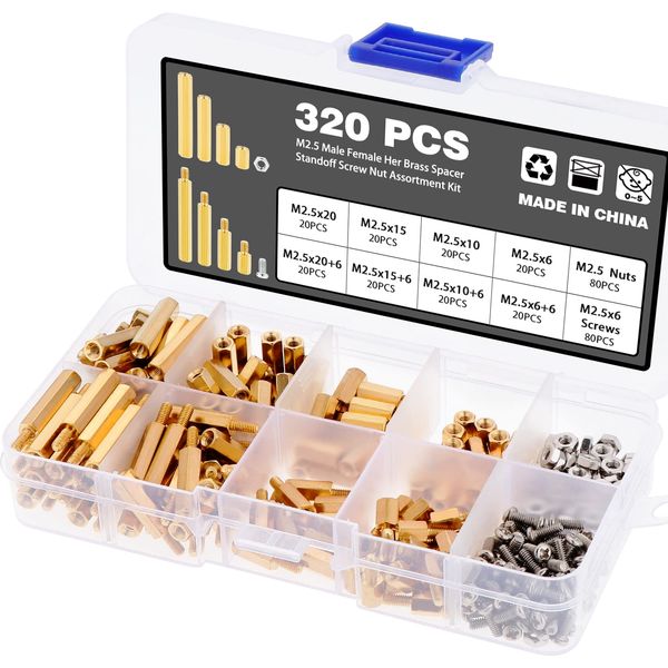 HSEAMALL 320PCS M2.5 Male Female Hex Column Brass Spacer Standoff Screw Nut Assortment Kit,Computer Screws PC Case Set,Motherboard Standoff Screws