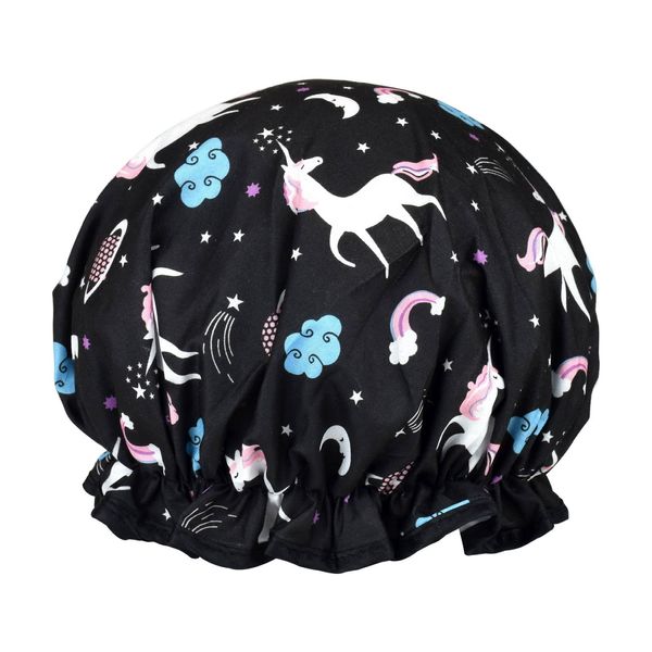 1 Pack Shower Cap for Women, Oil-proof Caps, Double Layers Waterproof Reusable Bath Caps With Ruffled Edge Covering for Girls, Women, Ladies, Kids (Black Unicorn)