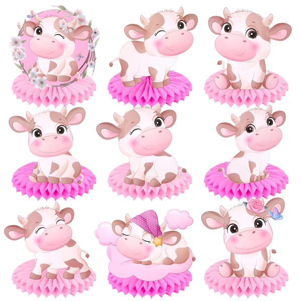 9Pcs Cow Birthday Party Decoration Pink Cow Table Honeycomb Centerpieces for Farm Animal Party Girls' Birthday Party Supplies