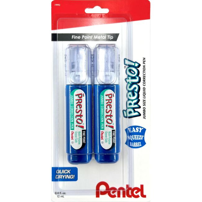 Pentel Presto Jumbo Correction Pen Fine Point, 12 ml, Metal Tip, 2-Packs (ZL31WBP2)