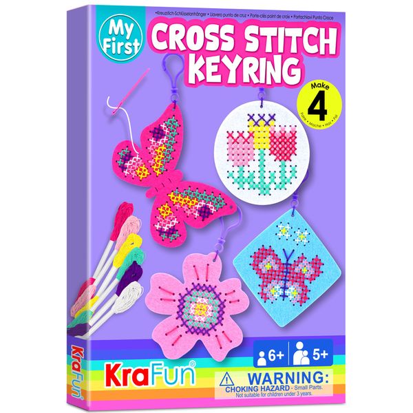 KRAFUN Cross Stitch Kits for Kids Beginners, 4 Cross Stitching Keyrings Arts & Crafts with Butterfly and Flower, Needlepoint Embroidery Kit for Girls 5-13 Craft Kit Backpack Charms, Ornaments