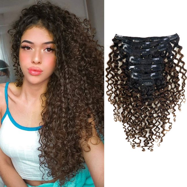 Caliee 22Inch Clip in Hair Extension Jerry Curly Double Weft Human Hair 3B 3C Curly Ombre Color Natural Hair Black Color into #4 Dark Brown Color 120Gram with 7 Pieces 17 Clips Per Pack