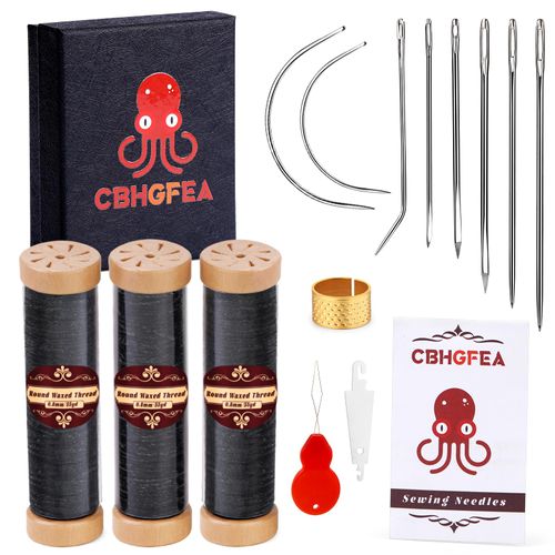 CBHGFEA 55 Yards 1200D Upholstery Thread, Black Round Leather Sewing Waxed Thread with 8 Pcs Upholstery Needles for Sewing Shoes Car Sofa Leather Repair Craft