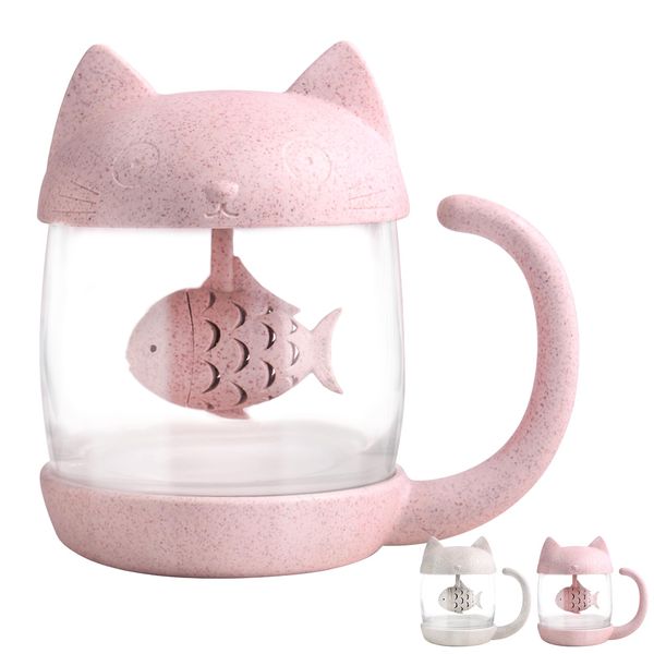 BigNoseDeer Cat Glass Tea Mug Cup with Fish Tea Infuser Strainer Filter 250ML（8OZ） Mother's Day Gift