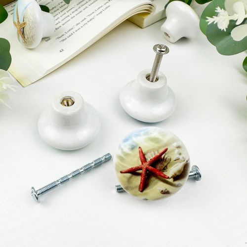 Lasyman 8Pack1.5 Ceramic Starfish Shells Knob Coastal Furniture Ocean Nursery Beach Themed Decorative Cabinet Dresser Drawer Pulls and Knobs
