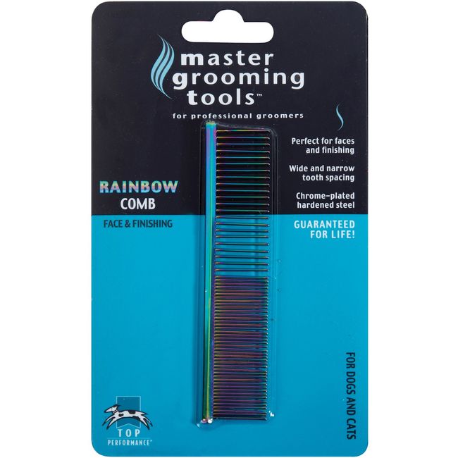 Master Grooming Tools Rainbow Greyhound Combs — European-Style Combs for Grooming Dogs - Fine/Coarse, 7½", Medium, blue