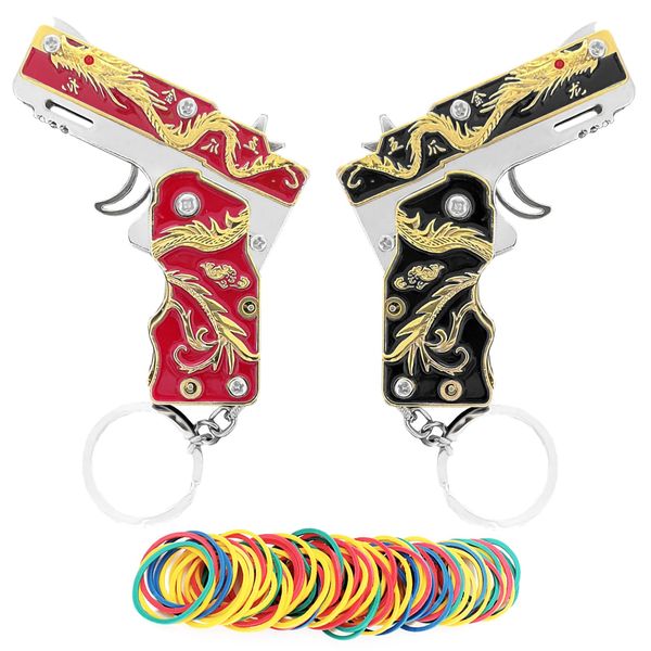 2pcs Rubber Band Gun Toy Mini Golden Dragon Metal Foldable Keychain: Creative and Fun Outdoor Party with Colored Rubber Bands