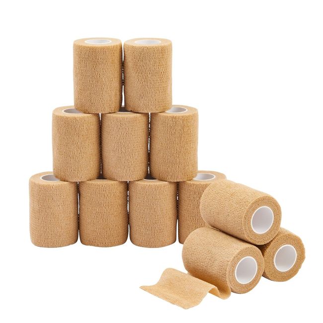 12-Rolls Tan Self Adhesive Bandage Wrap, Vet Tape, Medical Tape (3 In x 5 Yds)