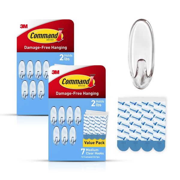 Command Clear Medium Hooks, 14 Hooks, 24 Strips - Easy to Open Packaging, Organize Damage-Free