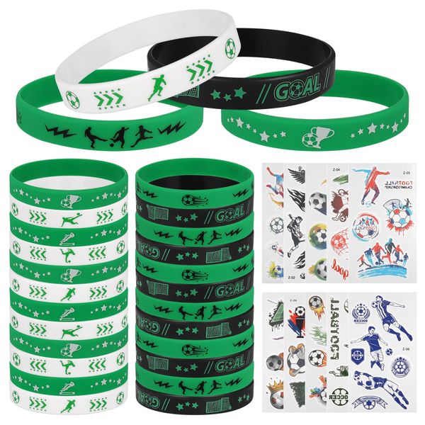 Zocipro Football Silicone Wristbands, 24Pcs Rubber Soccer Wristband Bracelets with 10 Football Themed Stickers, Football Sports Party Favours Gift for Kids Boys (4 Styles)