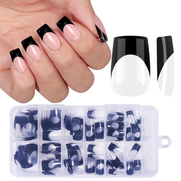 U-Shinein French Press On Nails, Black French Nail Tips, Short Square False Nails, Nail Art Nails for Sticking, Fake Nails With Box, 120 Pcs Finished Nails For Women, 03 Black