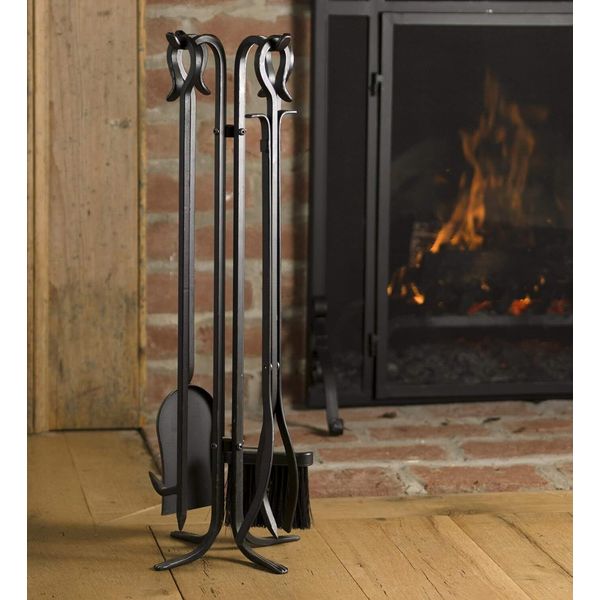 New Plow & Hearth 5 Piece Hand Forged Iron Fireplace Tool Set with Poker, Black