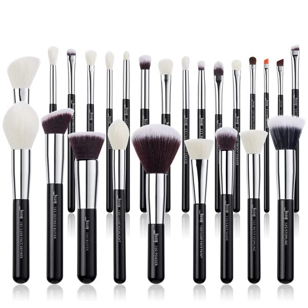 Jessup Brand 25pcs Professional Makeup Brush Set Beauty Cosmetic Foundation Powder Concealer Eyeshadow Blending Blush Highlighter Natural-Synthetic Hair Brushes (Black/Silver)