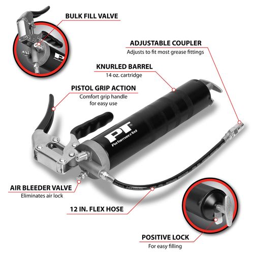 Performance Tool W54204 Pro Pistol Grip Grease Gun, 14 Oz. Cartridge, 12 Inch Flex Hose, Adjustable Coupler, Knurled Barrel, Positive Lock, Bulk Fill Valve, Air Bleeder Valve, Pistol Grip Action