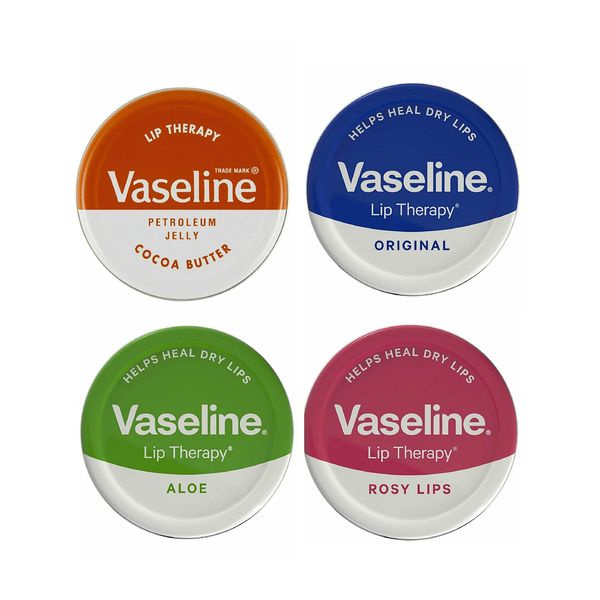 Vaseline Lip Balm Petroleum Jelly 20g Lip Therapy. Cocoa Butter, Aloe, Rosy Lips and Original Flavour. Soothes Dry Lips (Pack of 4)