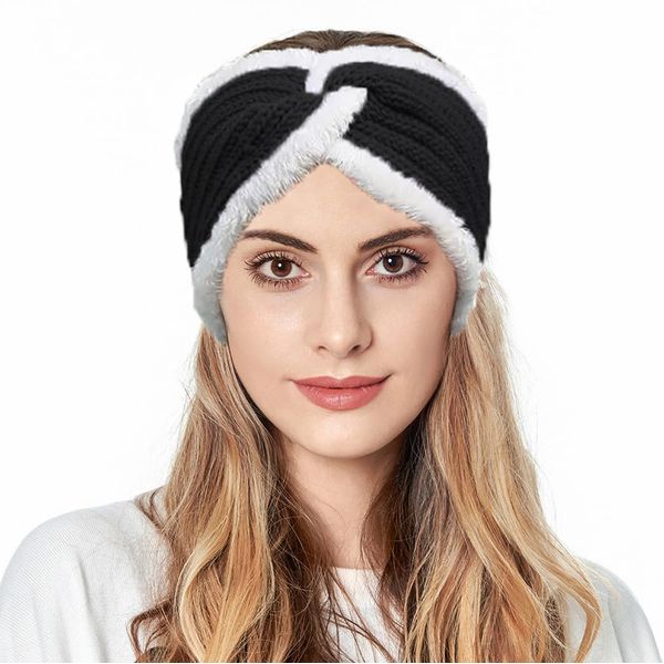 Fashband Winter gestricktes Stirnband Twist Chunky Fleece gefüttert Head Wraps elastische thermische Crochet Turban Haarbänder für Frauen und Mädchen(Schwarz)