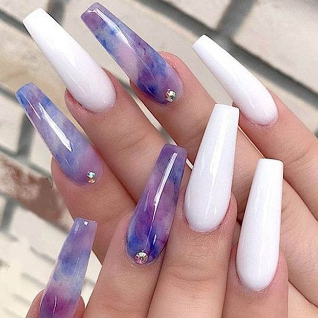 SINLOV 24pcs Coffin Fake Nails Glossy Gradient Press on False Nails Long Ballerina Artificial Finger Nails Full Cover False Nails for Women and Girls (Purple)…