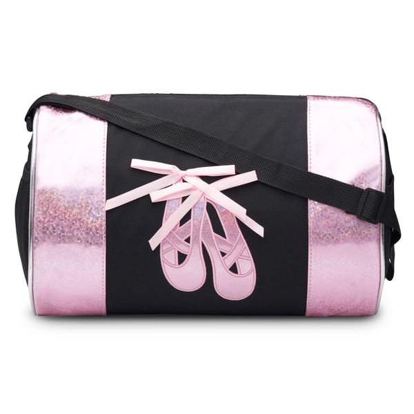 Water-resistance Dance Ballet Slippers Duffel Bag, Kids Travel Bag with Adjustable Carry On Pouch, Dance Accessories For Girls, Teens (Black/Pink)