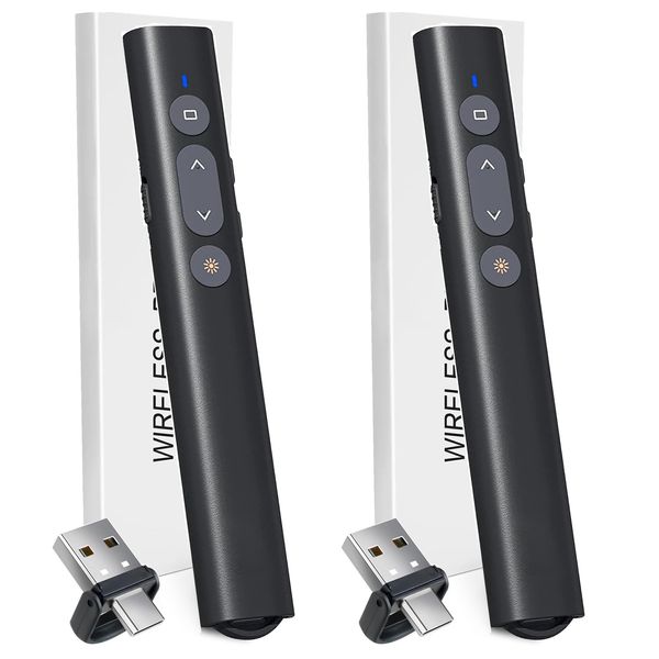 (2 Units) Presentation Clicker for PowerPoint Red Laser Pointer, USB A C Wireless Presenter Remote, Google Slide Advancer Projector Smart Board Slideshow PPT Clicker for Mac/Laptop/Computer/Office