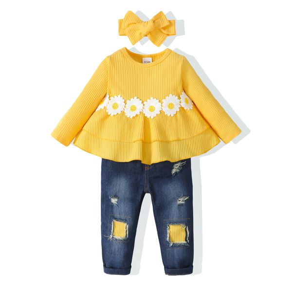 XUANHAO 12-18 Month Girl Clothes Winter Outfits For Baby Girls Long Sleeve Ruffle Daisy Shirt Denim Ripped Jeans Clothing Fall 18 Months Girl Clothes Yellow