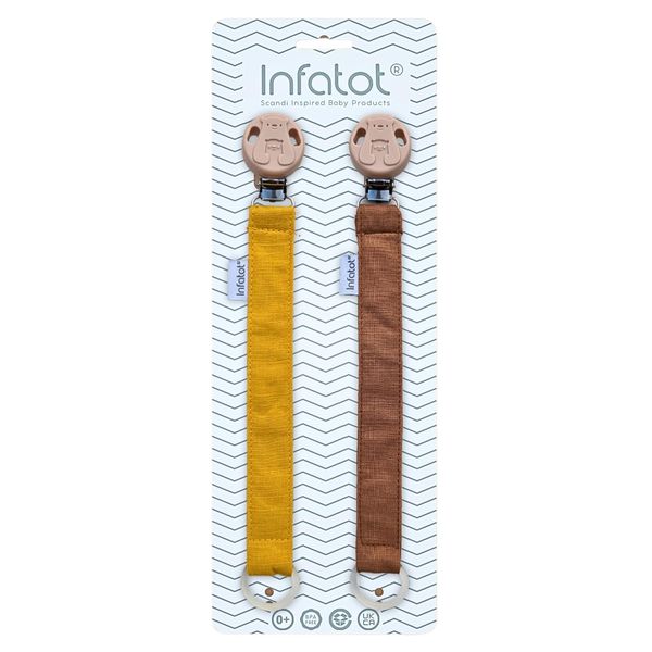 Infatot® Cotton Dummy Clips for Baby Boys & Girls - Dummy Clip Pacifier Holder, Soother Chains, Soother Clips, Dummy Straps, Pacifier Clips, Dummy Holder to Keep Pacifiers Clean - Mustard & Walnut