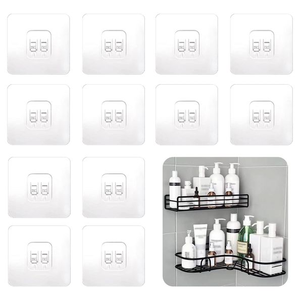 SUBTAVIK 12 Pcs Shower Caddy Adhesive Hooks Replacement, Corner Shower Caddy Adhesive Sticker Hooks Transparent Sticky Hooks for Bathroom Kitchen Shower Caddy Corner Shelf (Single Hook)