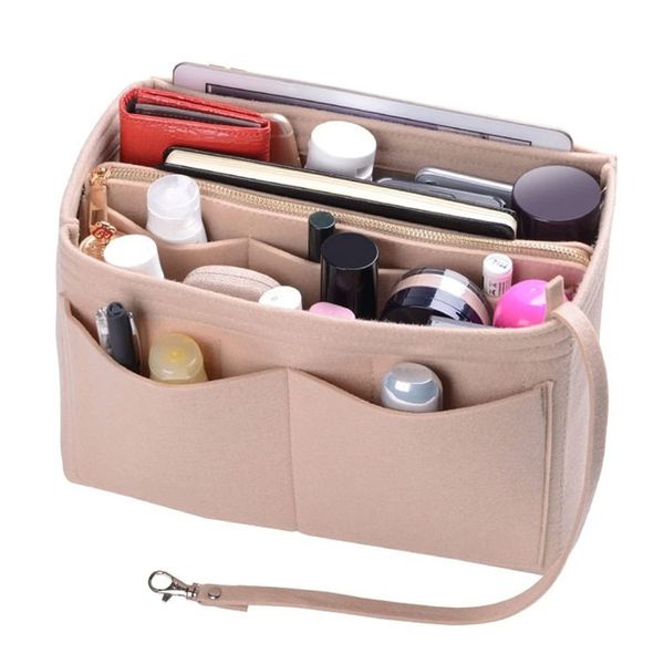 SUQ Handbag Organiser Insert Shaper, 2 in1 Bag Insert with Zipped Waterproof Pocket, Felt ​Bag Organize, Purse Organizer, Bag Pouch, Tote Tidy Organizer, Beige, Medium, 25 * 13 * 15