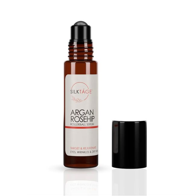 SILKTÁGE Argan Rosehip Rollerball - 100% Organic Argan Oil & Rosehip Oil for Eyes, Wrinkles, Lips, Dry Skin, Age Spots - Anti-Aging Face Oil Serum For Glowing Skin, 33 Fl Oz