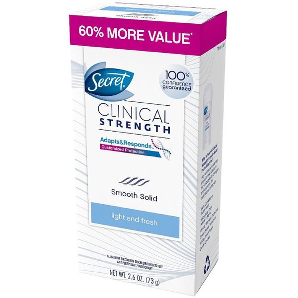 Secret Clinical Strength Smooth Solid Anti-Perspirant/Deodorant, Light and Fresh Scent 2.6 oz (Pack of 8)
