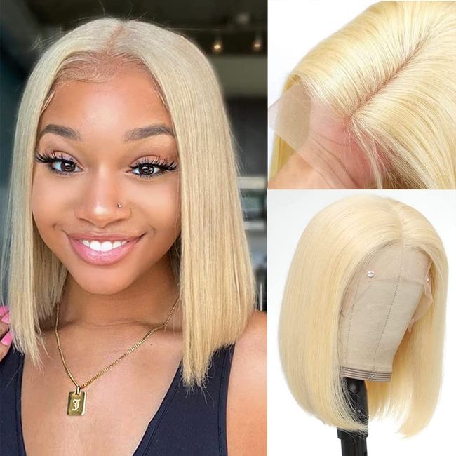 PORSMEER Lace Perücke Blond Bob Kurz Glatt Kunsthaarperücken für Frauen Lace Front Wig tiefe Mittelteil Synthetische Perücken für die Tägliche Party Kostüm Cosplay Wig