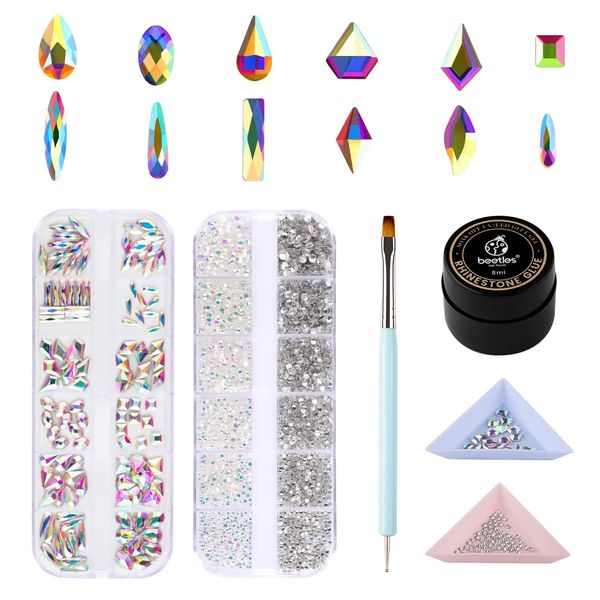 Beetles Gel Polish Nail Art Rhinestones Glue Set, 120+3456 Pcs Crystal Glass AB Rhinestone Gems & Nail Gem Glue For Nails Decoration with Nail Rhinestone Nail Brush Holiday Party Nail Design for Girls