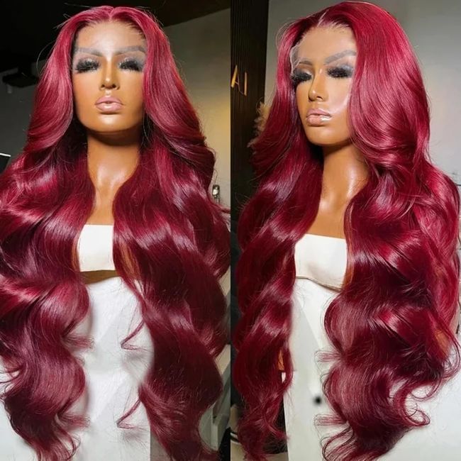 220% Density 99J Burgundy Lace Front Wigs Human Hair 26 Inch Pre Plucked Hairline 13×4 HD Lace Body Wave Glueless Transparent Wigs for Women Human Hair with Baby Hair Wine Red Colored (26 inch, 99j)