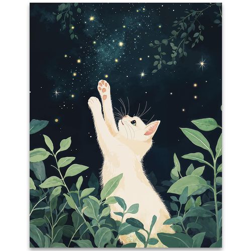 Reaching for the Stars - Magical Pet-Themed and Calming Nature-Inspired 11x14 Unframed Print, Starry Night Cat Wall Art, Wall Art for Cat Lovers, Calming Bedroom Art, Gift for Cat & Astrology Fans