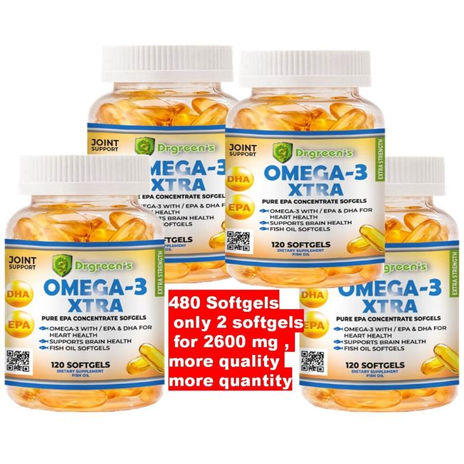 4 Ultra Pure Omega 3 Fish Oil 2600mg Small, Potent, Joint SUPPORT Relief  XL 480