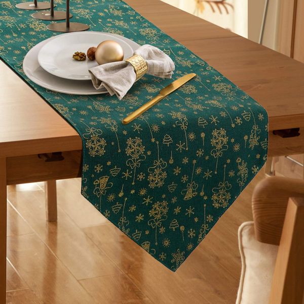 Dremisland Christmas Table Runner Burlap & Cotton Tree Snowflake Hot Stamping Design Table Runner Coffee Dresser Scarves Table Linen for Home Tablecover Dining Table Decoration