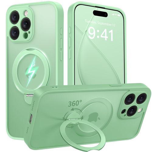 GolbinBox 360° Spin Magnetic Stand for iPhone 15 Pro Max Case, [Compatible with MagSafe], [Full Camera Protection] [16FT Military Drop Protection], Slim Translucent Matte Phone Case, Bamboo Green